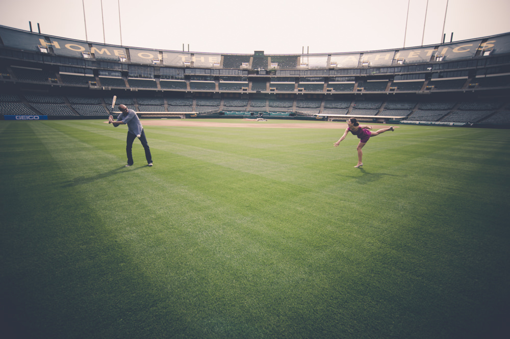 Engagement Portrait On The Field At Oakland A's Stadium