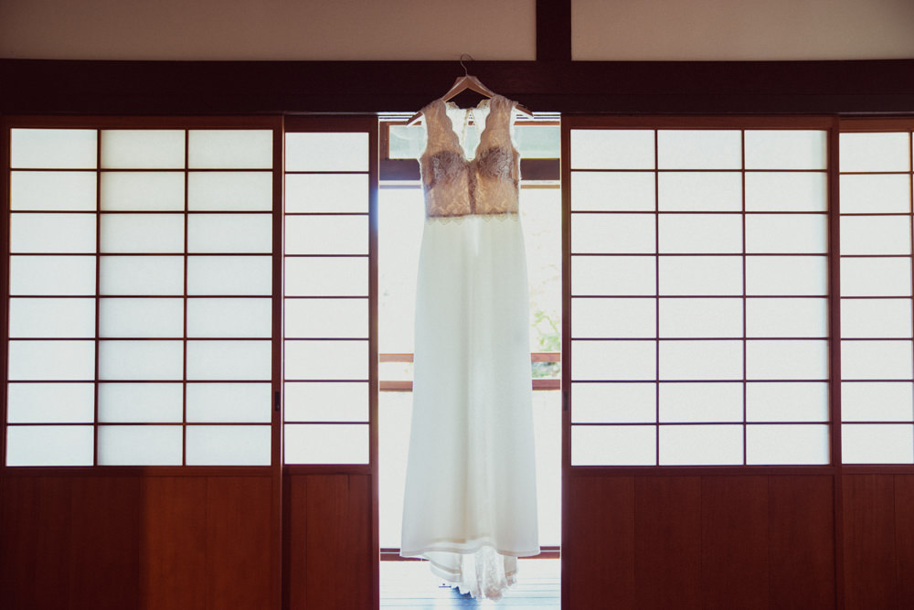 Wedding dress portrait in Japanese tea house at Piedmont Community Hall wedding