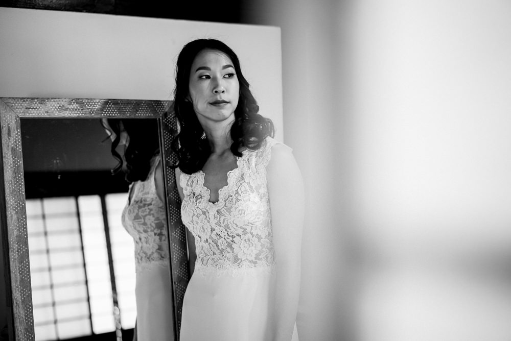 black and white portrait of bride before first look at Piedmont Community Hall wedding