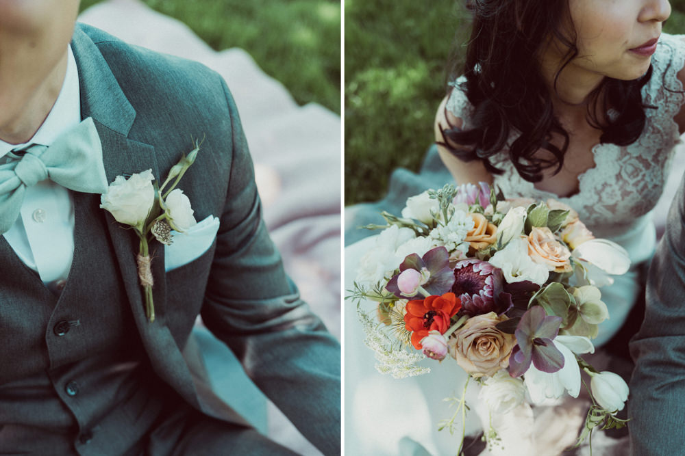 Bride and groom on park grass at Piedmont Community Hall wedding