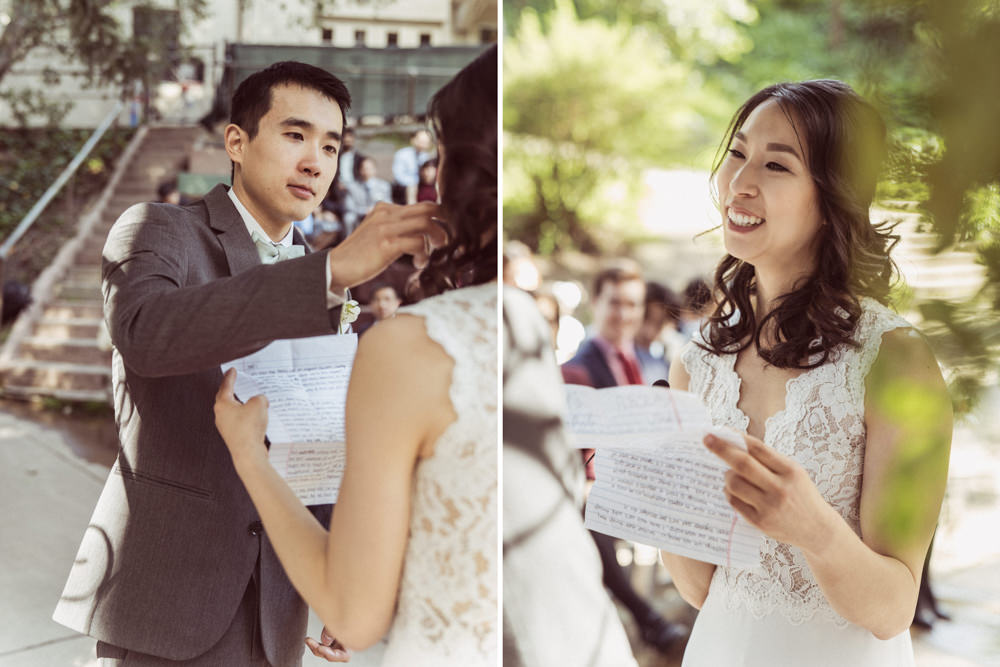 Groom wiping away bride's tears during wedding vows at Piedmont Community Hall wedding