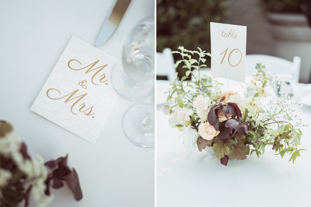 Table setting and flower arrangements at Piedmont Community Hall Wedding