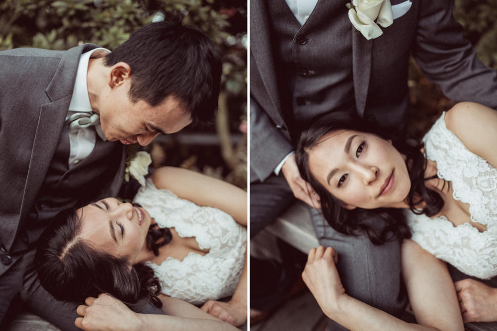 Bride laying down on Groom's lap at Community Hall Wedding