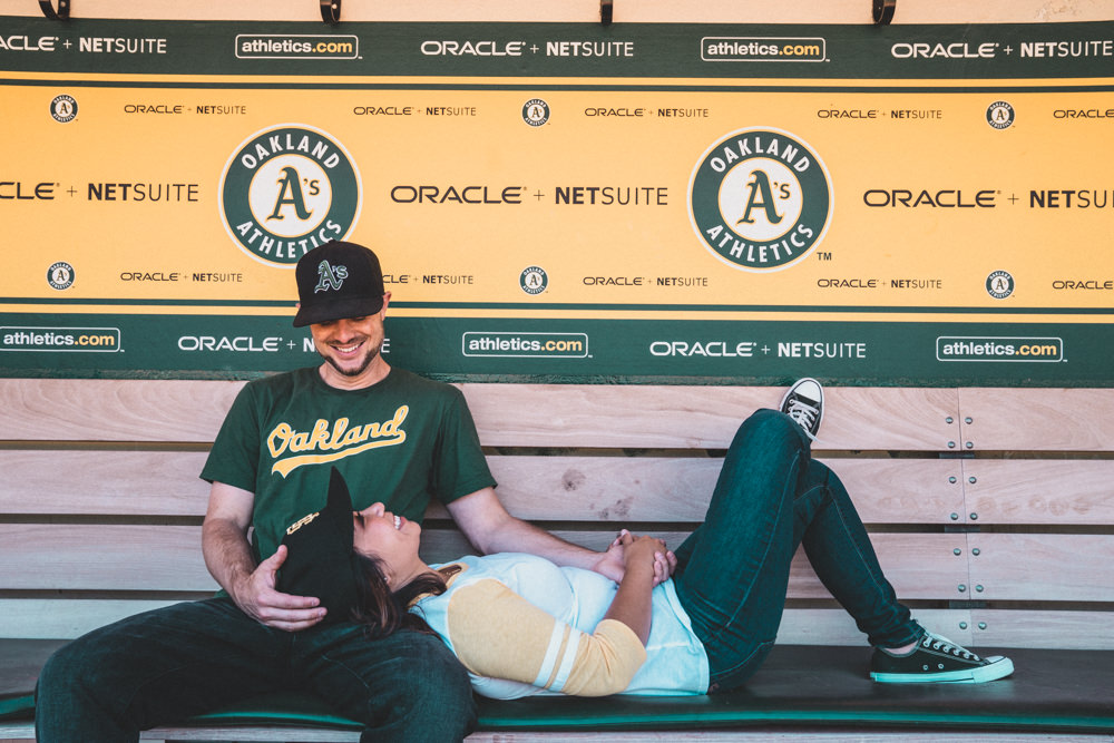 Engagement shoot in Oakland As Coliseum Oracle dugout
