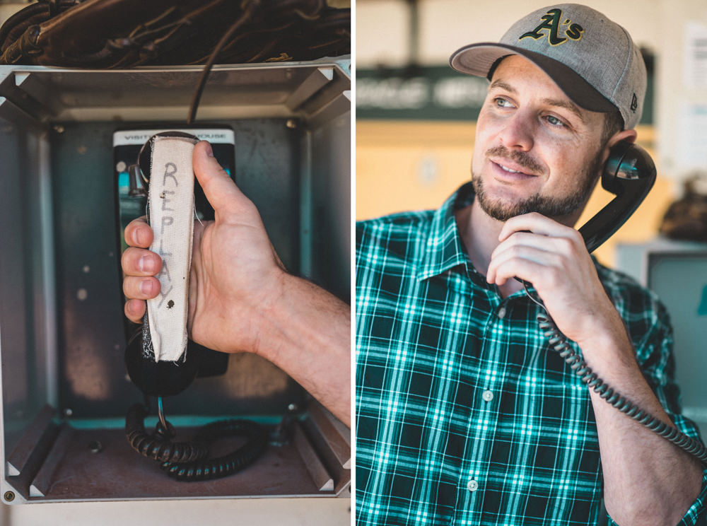 Funny engagement shoot dugout idea at Oakland coliseum