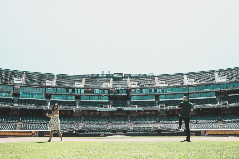 On field baseball stadium engagement shoot ideas