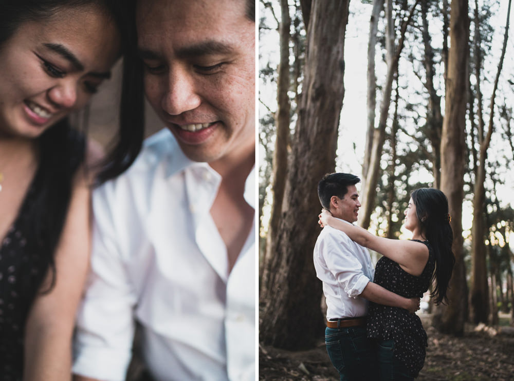 Couple embracing during engagement shoot at SF woodline.
