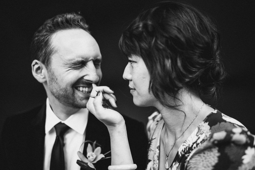 Black and white funny wedding shot in San Francisco