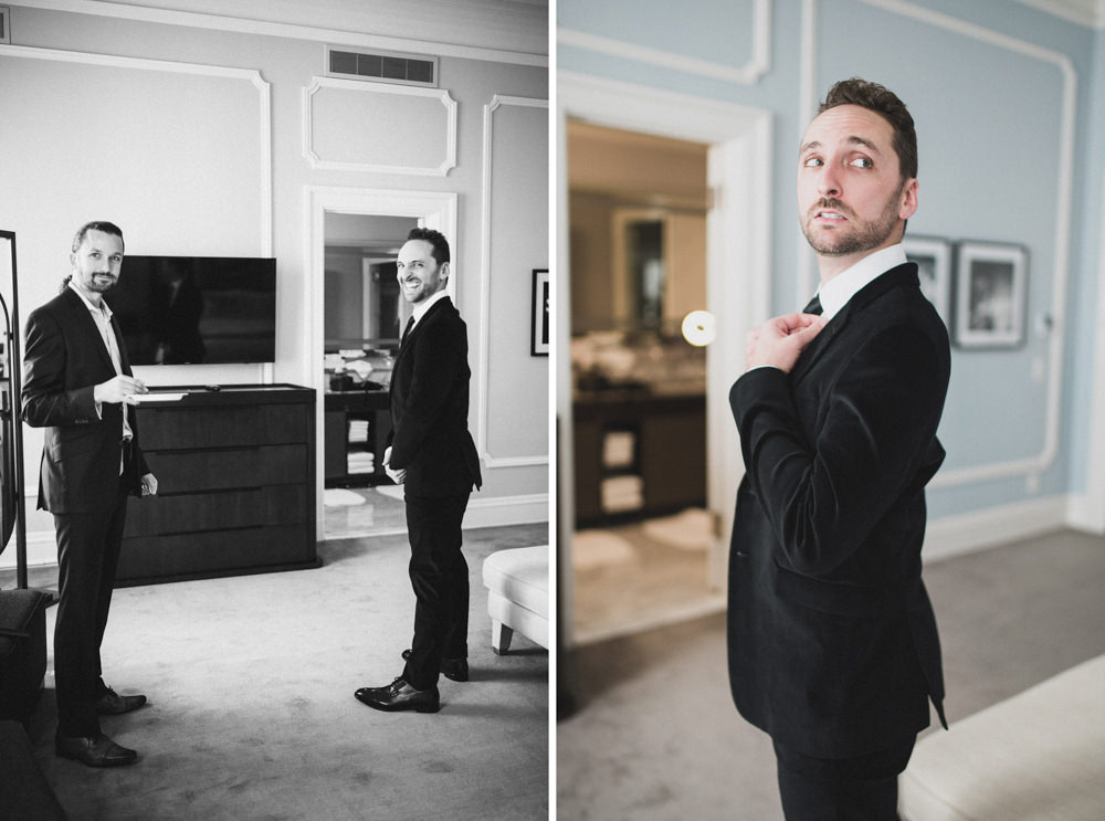 Groom with velvet suit jacket looking back