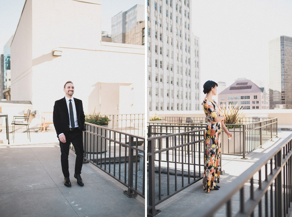 Couple's rooftop wedding first look location in San Francisco