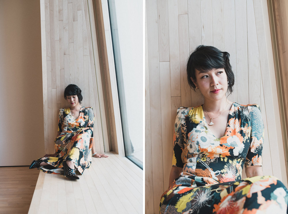 Bride in alternative floral wedding dress at SF Moma