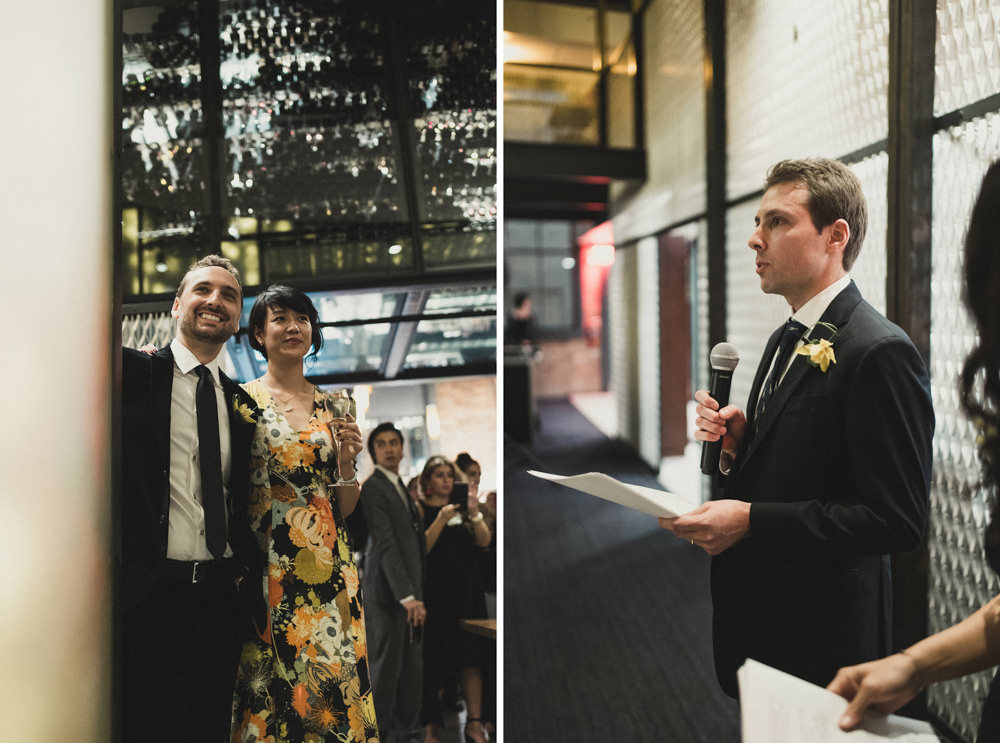 Bridge and groom candid shot during wedding speech at Mourad's SF