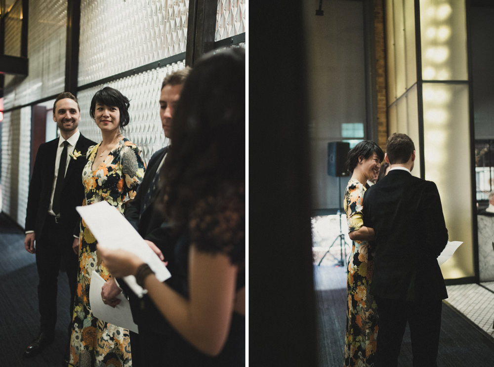 Candid shot of couple smiling during wedding speech at Mourad's SF