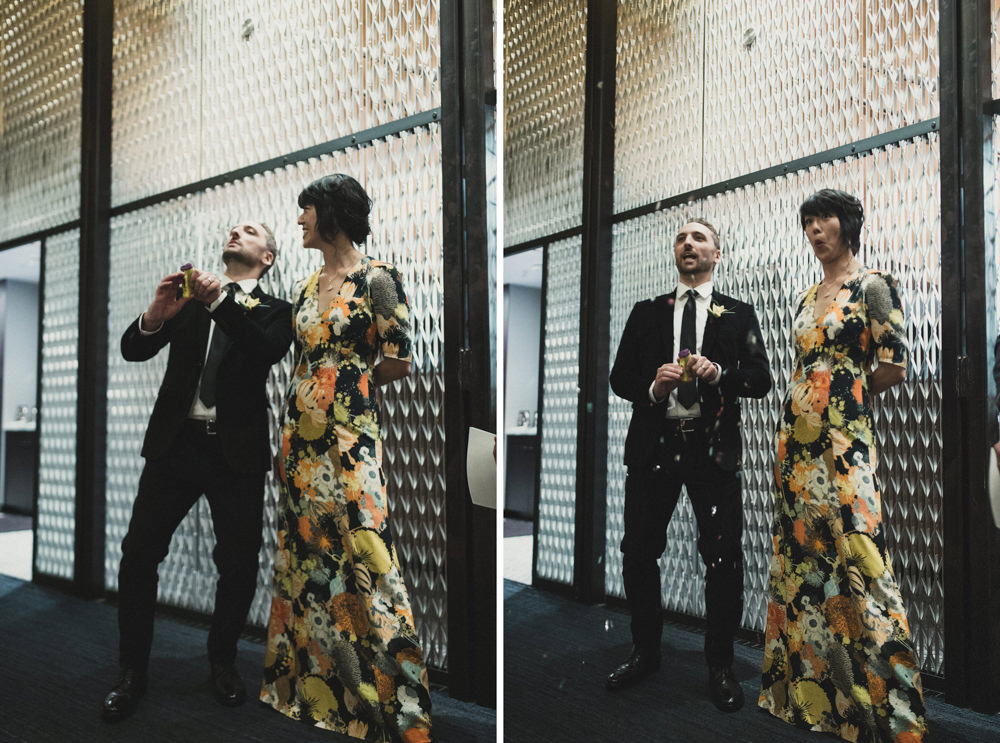 Couple looking surprised during wedding at Mourad's