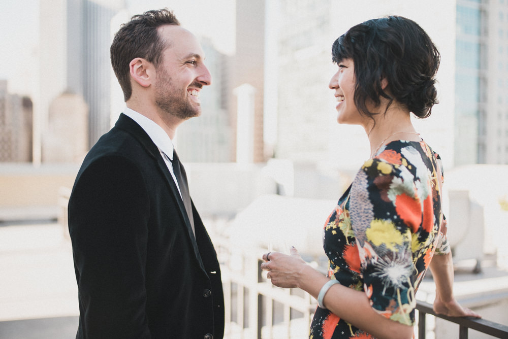 Bride and groom first look on SF rooftop
