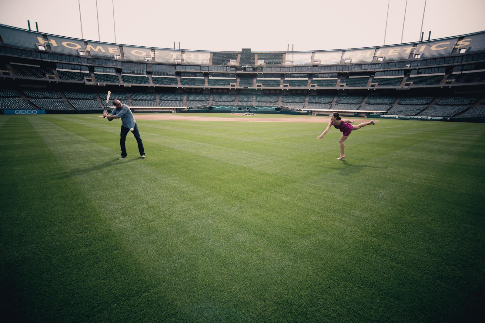 Couple engagement photo at Oakland A's stadium
