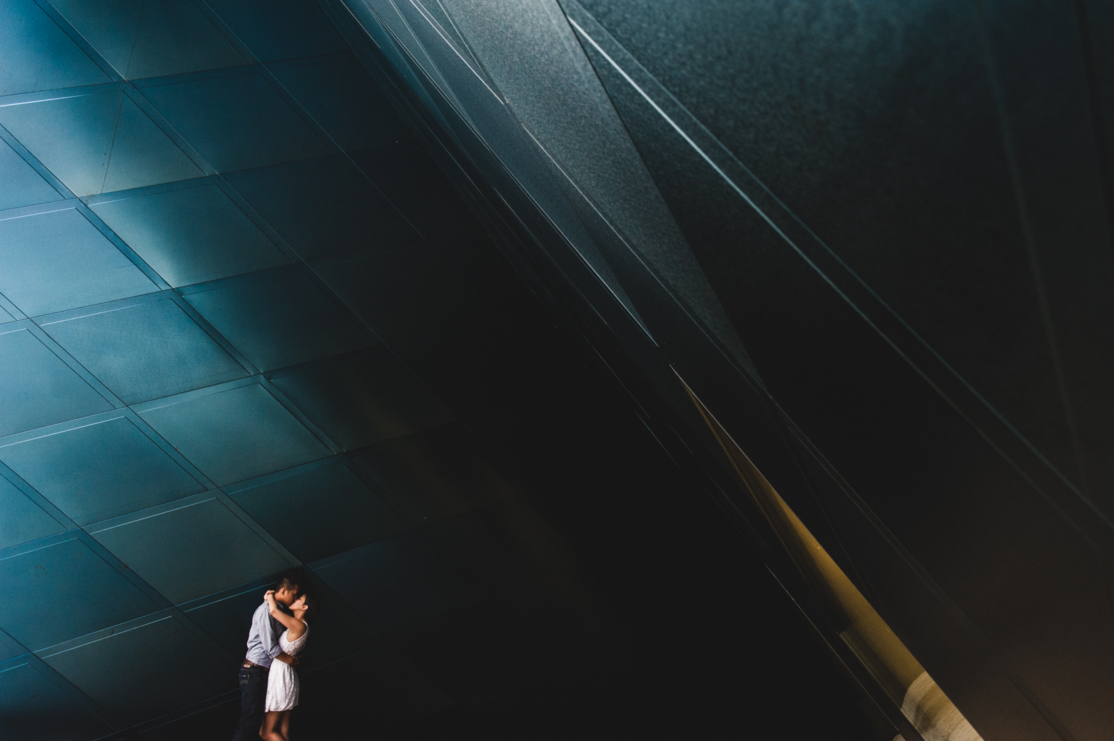 Engagement portrait in front of Jewish Contemporary Museum