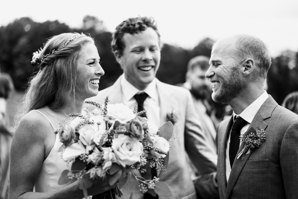 Black and white shot of Vermont outdoor wedding ceremony
