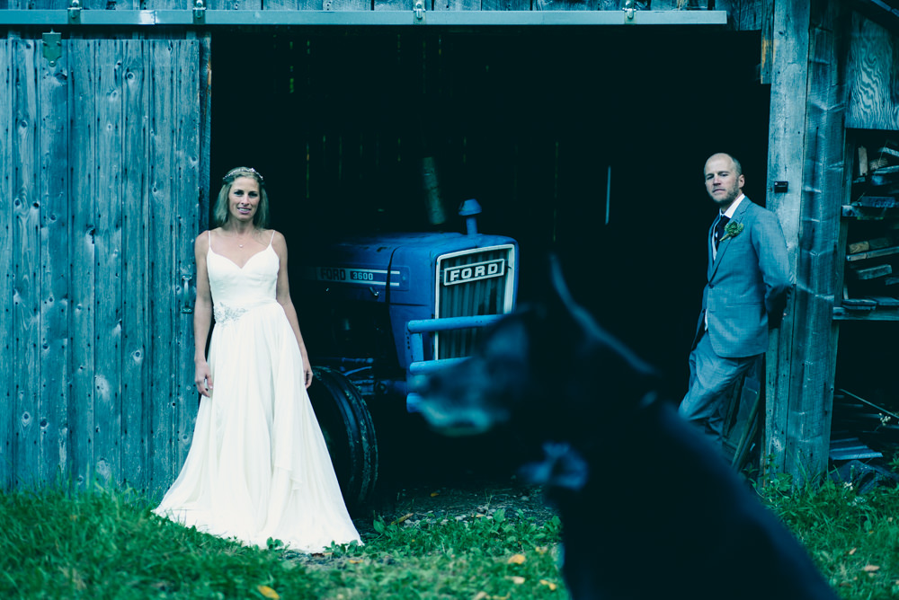 Farmhouse themed blue ford 3600 tractor wedding shoot