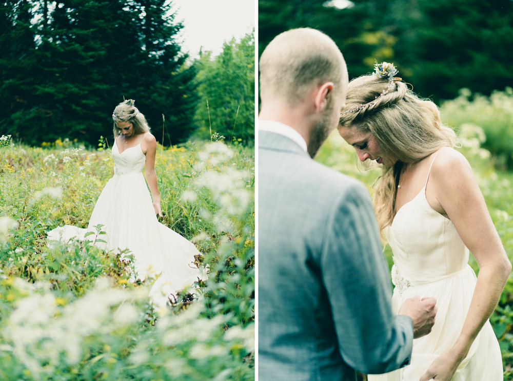 Bride standing in field of flowers for wedding photoshoot in Vermont
