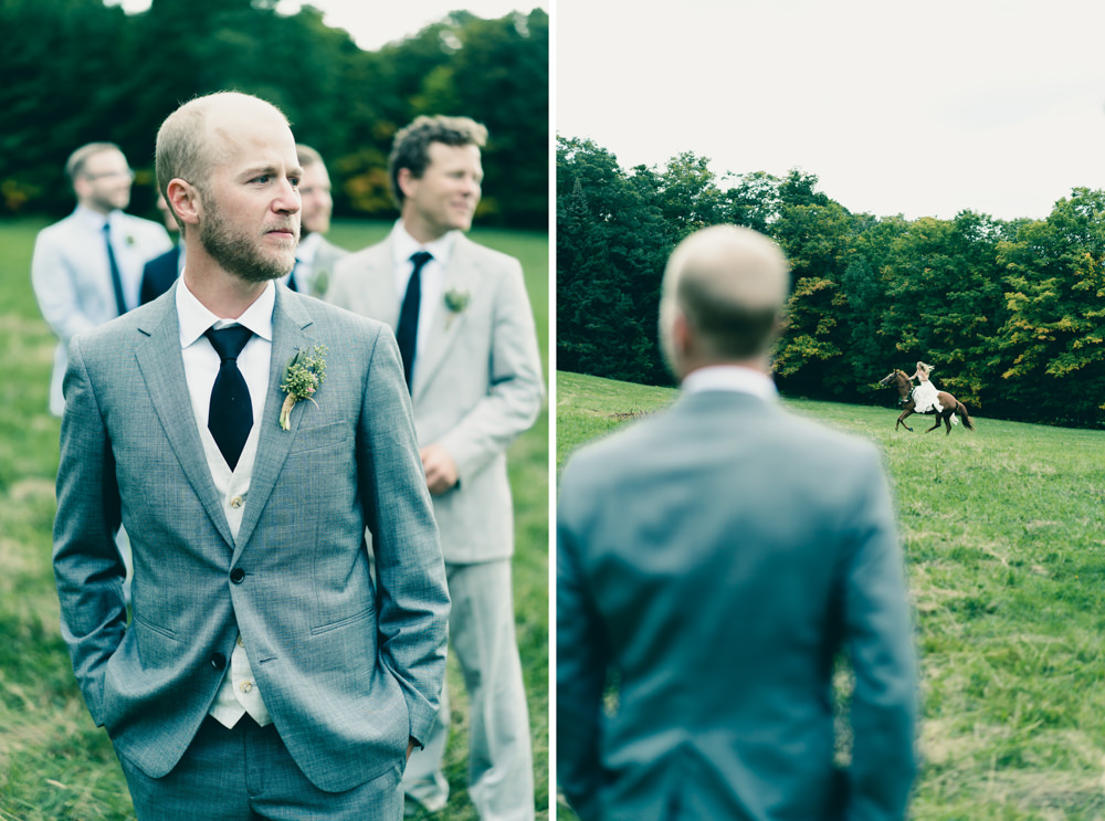 Bride riding horse down aisle for wedding ceremony in Vermont