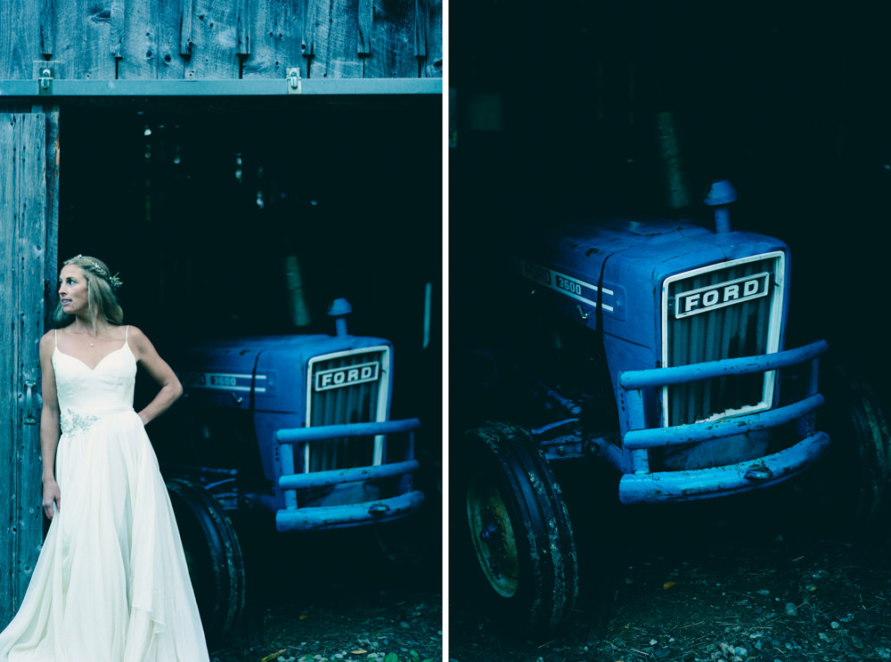 Vermont farm theme wedding with blue Ford 3600 Tractor